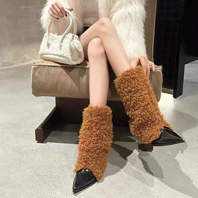 

Women s Pointed Toe Fashion Boots 2026 Autumn/Winter New Warm Cotton Heels High-Waisted Cuff Boots 35 коричневый
