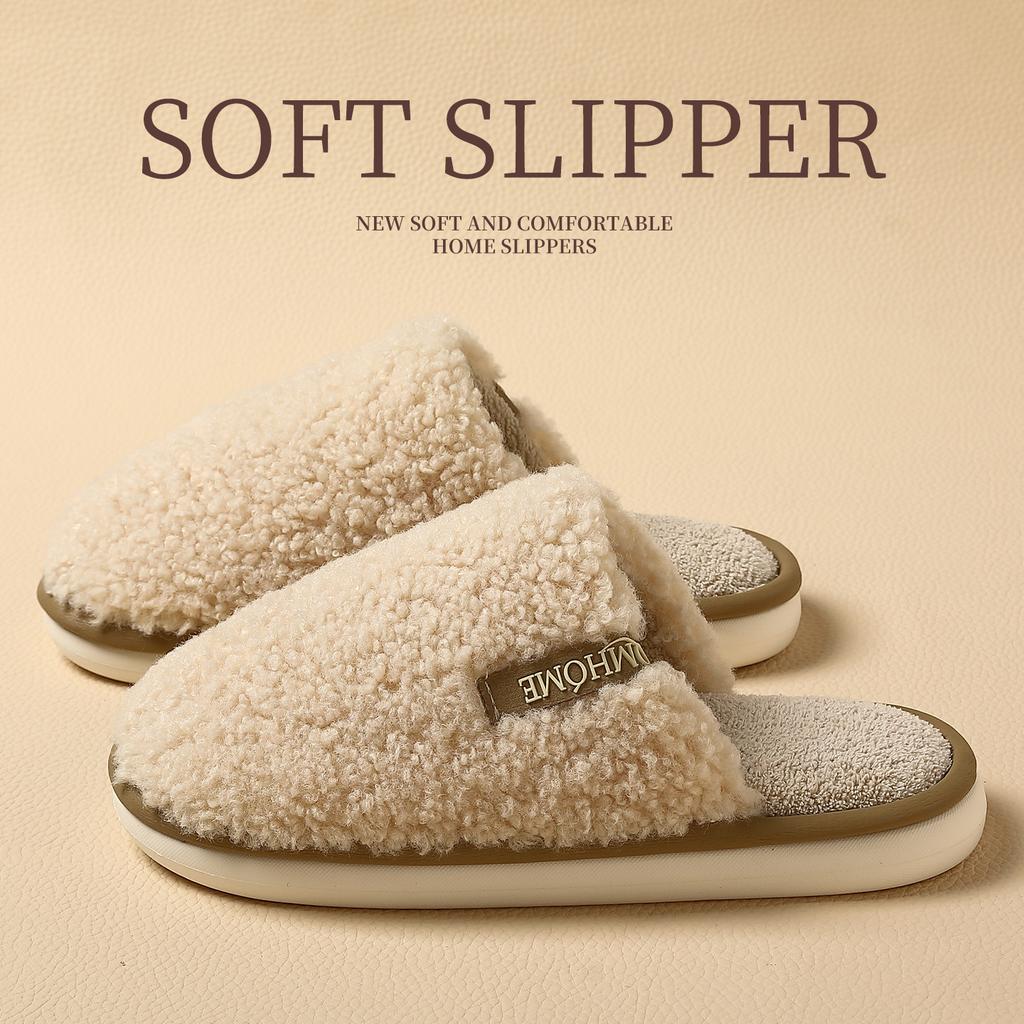 New Plush Cotton Slippers Autumn and Winter Warm Thick Bottom Soft Bottom Couple Fleece Home One-word Cotton Slippers