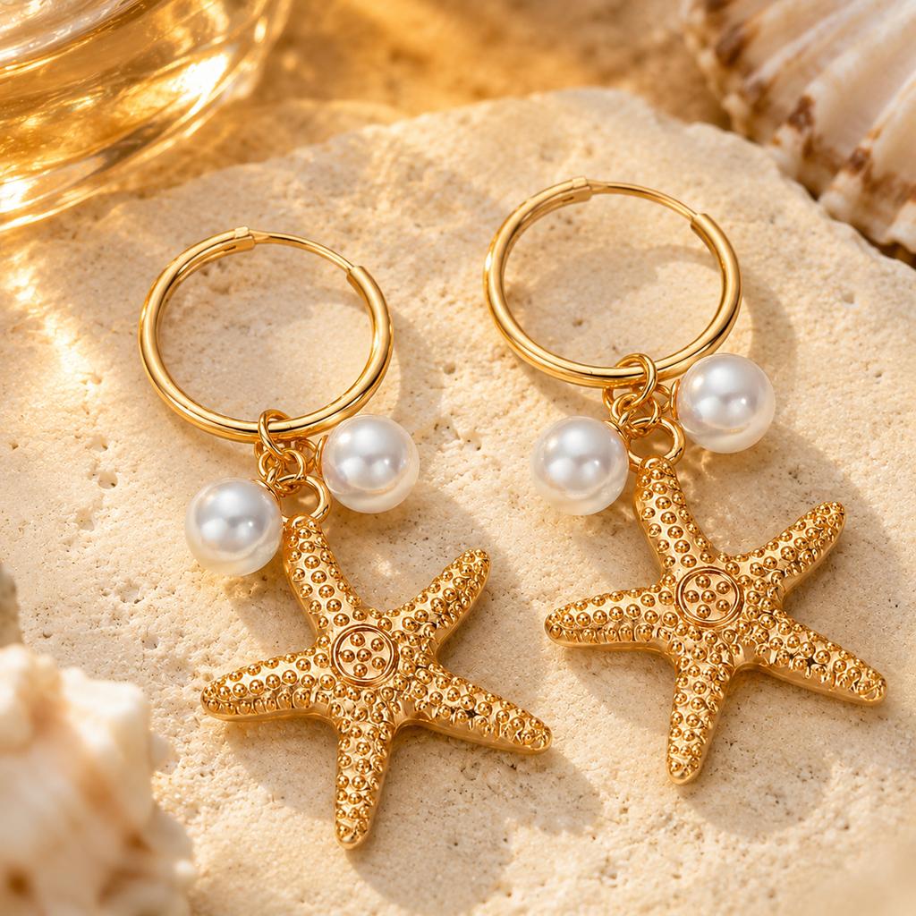 Fashion Starfish Imitation Pearl Earrings for Women Gold Color Hoop Ocean Charm Dangle Jewelry Beach Vacation Summer Accessories