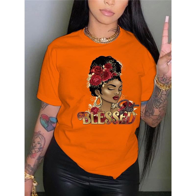 

Women s Afro Queen Graphic T-Shirt Casual Short Sleeve Cotton Tee For Streetwear 4XL оранжевый