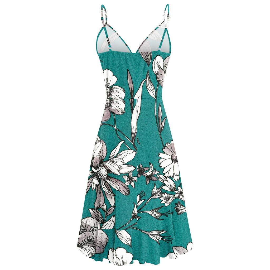 Women Summer Wrap V Neck Adjustable Spaghetti Straps Chest Pleats Casual Ruffle Dress Summer Beach Knee Length Dress Open Back Off Shoulder Dress