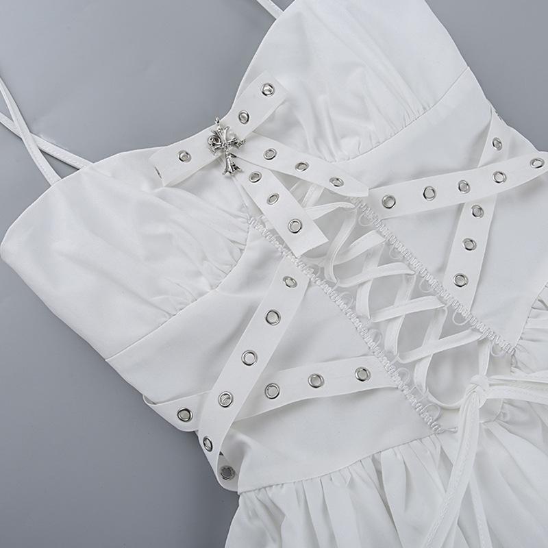 GMXIA Summer Polo Collar Puffy Sleeve Smock Top Corn-eye Webbing Slim-fit Halter Dress for Women