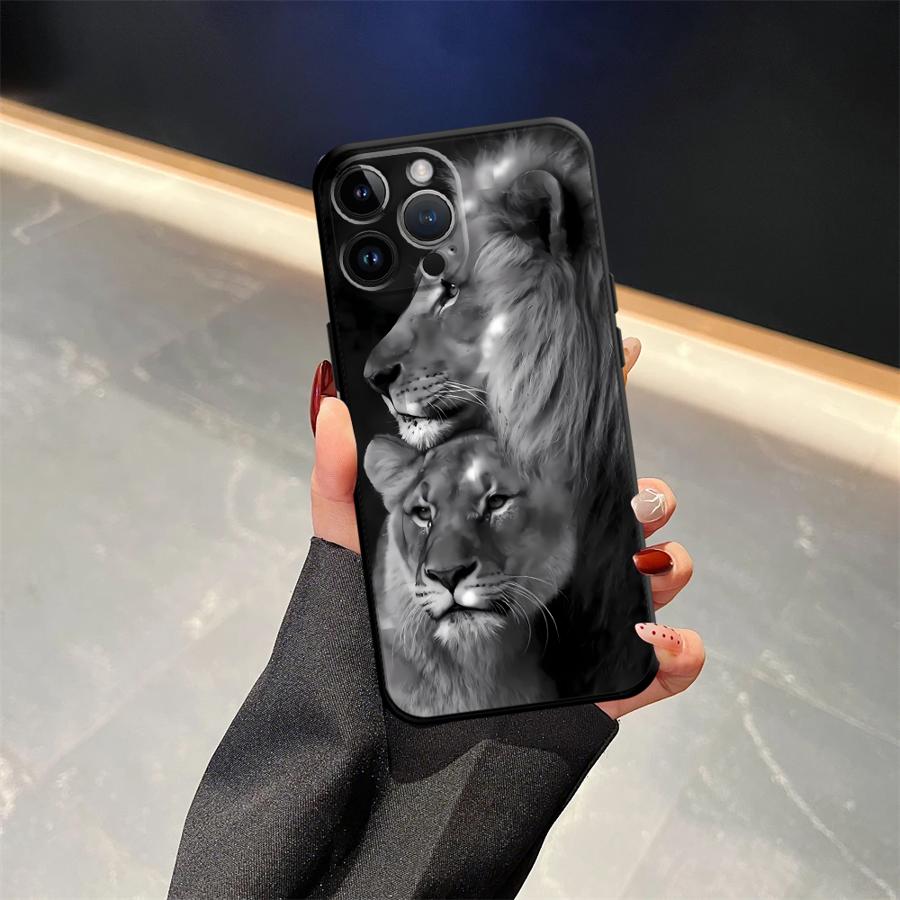 Animal Lion Pattern Case for iPhone 15 16 14 Plus XR 17Air 7 8 13 12 11 17 Pro Max XS Max Black Soft Phone Cover