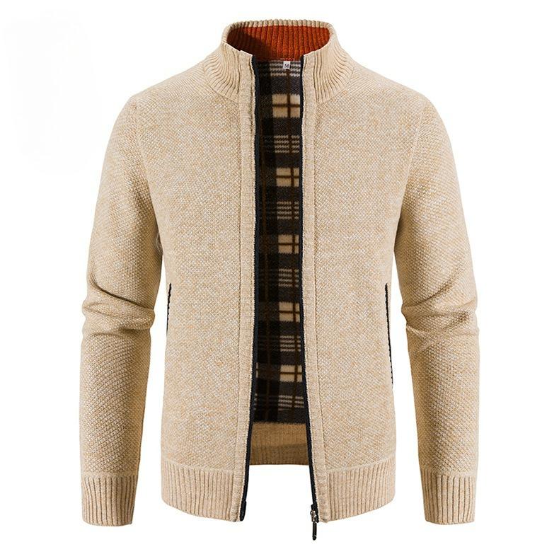 Autumn and Winter Men's Plus Velvet Stand-up Collar Cardigan Sweater Fashion Warm Sweater Jacket Top Men