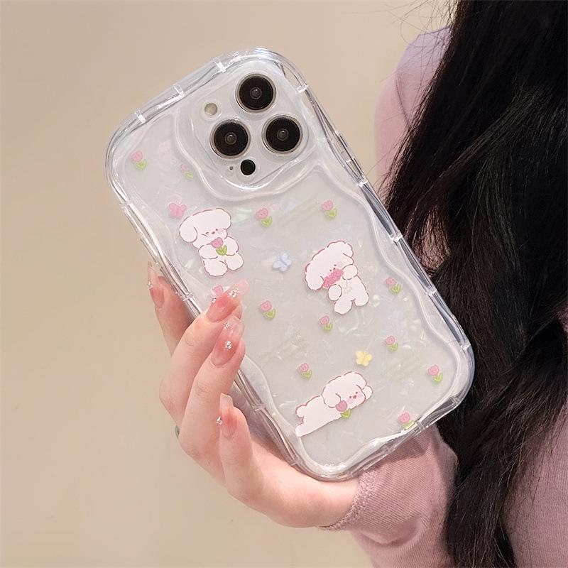 Zhitai Apple iPhone 15/16 Pro Cream Pattern Shell with Cartoon Design – Suitable for iPhone 12-14 Silicone Case with Chain