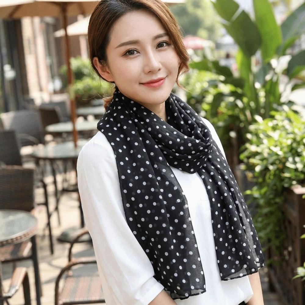 Thin Chiffon Polka Dots Printed Scarf Breathable Long Beach Silk Scarf Sun Protection Shawl Travel