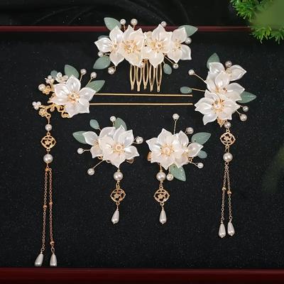 5-teiliges Set mit vintage floralen und Quasten-Designs, handgefertigter Hanfu Haarschmuck, elegantes klassisches künstliches Flo