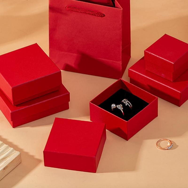 Red Jewelry Box With Cotton Pad Paper Jewelry Case Travel Portable Ring Earrings Necklace Gifts Packageing Storage Boxes