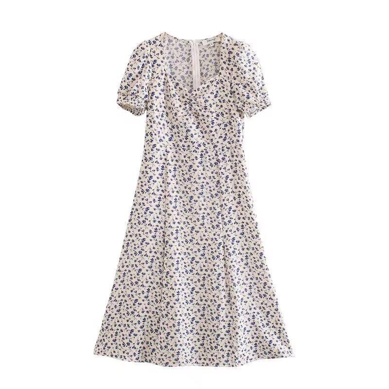 Summer New French Retro Temperament Square Neck Floral Waist and Thin Dress