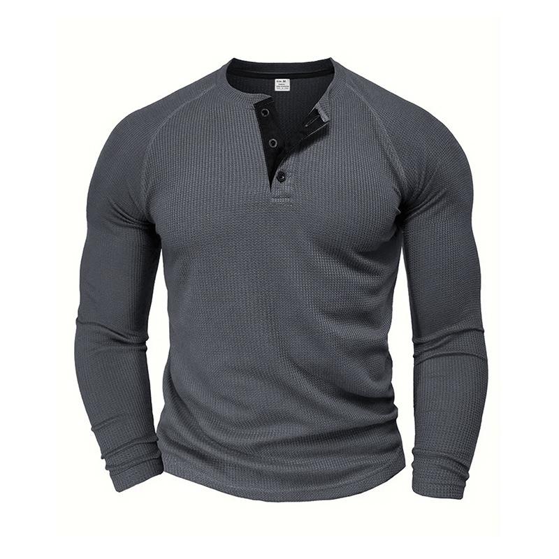 Męskie koszulki polo henley z dzianiny waflowej, z długim rękawem, gładkie, codzienne, sportowe, topy