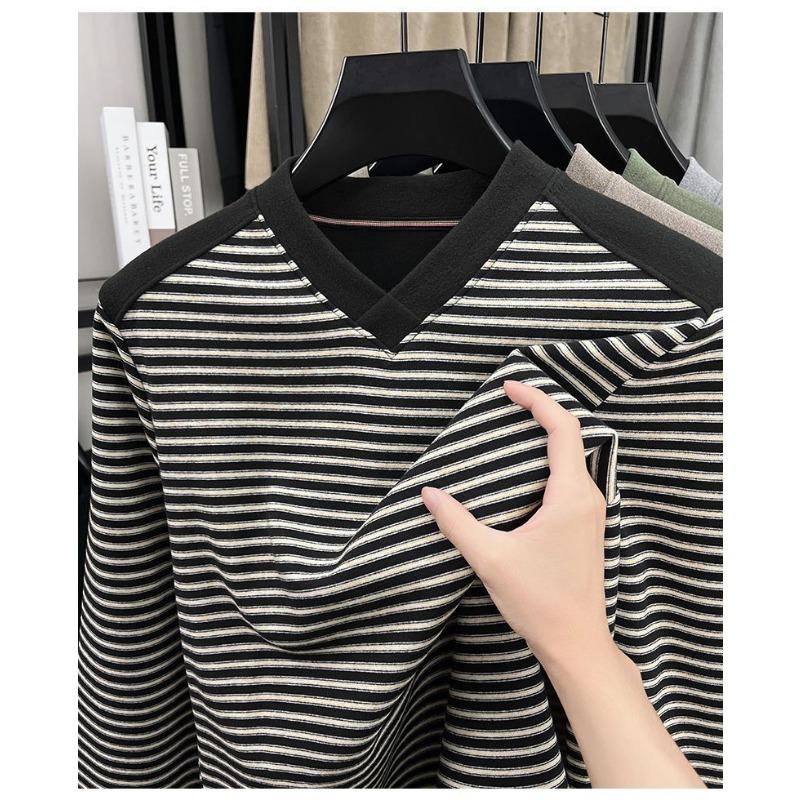 Sheep Wool V-neck Long-sleeved T-shirt Men's Autumn Winter New Trendy Casual Striped Warm and Versatile Loose Bottoming Shirt