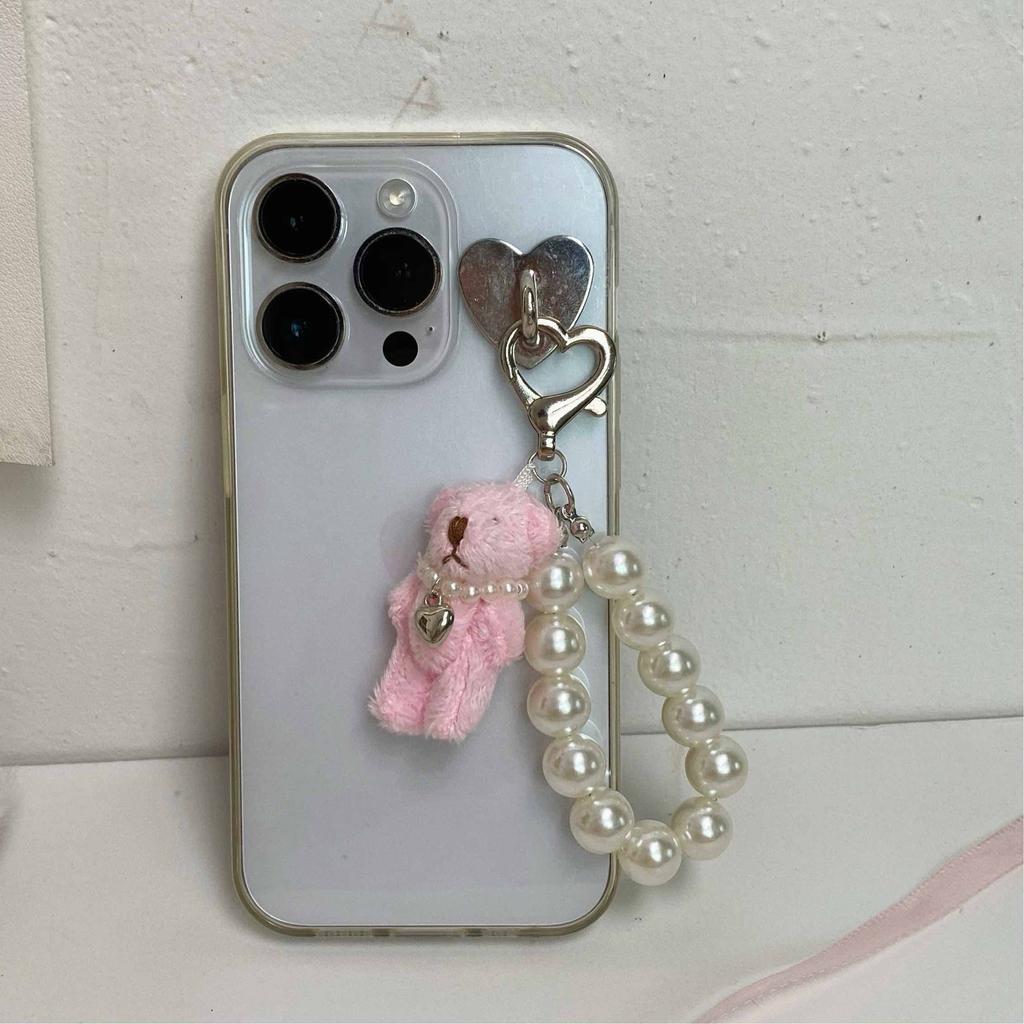 Kawaii Teddy Bear Mobile Phone Chain Pearl Beaded Bracelets Cute Doll Bag Charms Pendant Keychain Girl Heart Hanging Ornament
