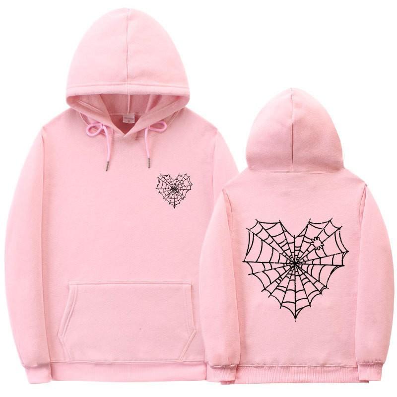 Gothic Spiderweb Print Hooded Sweatshirt Unisex Oversized Pullover With Ribbed Hem Fall
