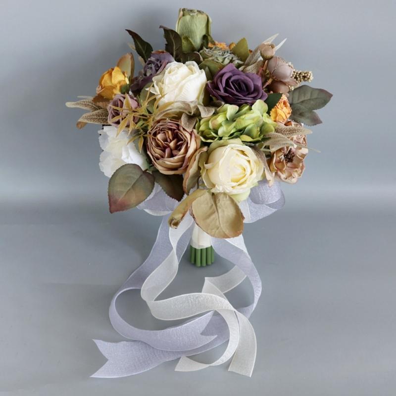 Artificial Flower Wedding Bouquet for Bride Bridesmaid Elegant Silk Flower Champagne Bridal Bouquet for Formal Occasion