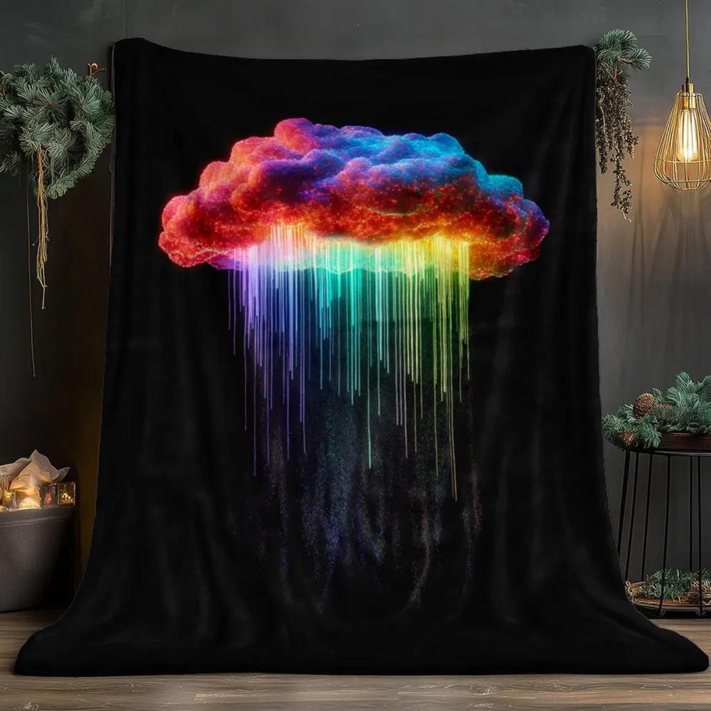 Modern rainbow cloud print flannel blanket - for beds, sofas, offices, travel, decor, chairs, and as a holiday gift for friends
