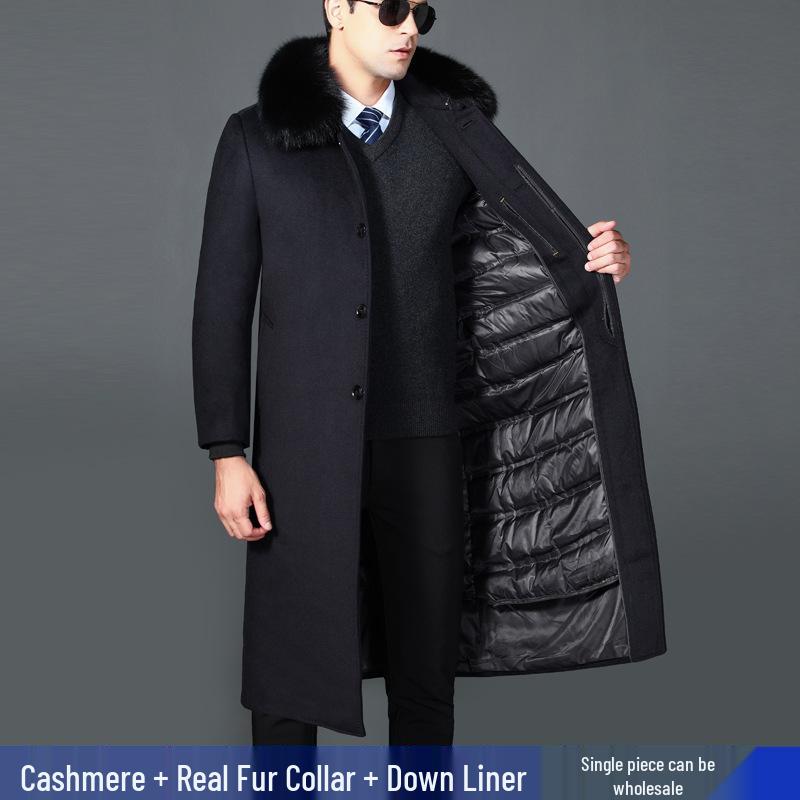 Men's Winter Wool Overcoat with Real Fur Collar and Detachable Liner - Knee-Length Jacket for Middle-Aged and Elderly