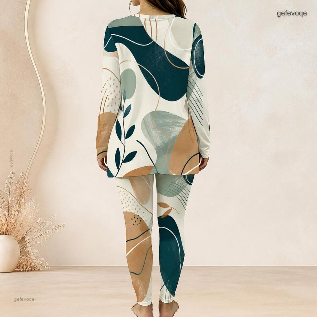 Women Plus Size Printed Two Piece Set Round Neck Long Sleeve Longline Top And Fitted Pants