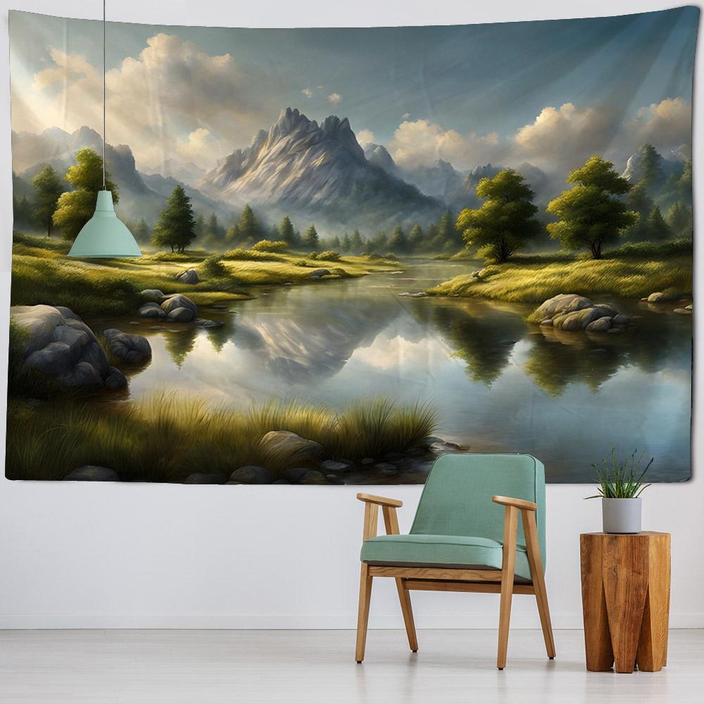 Colorful Landscape Illustration Tapestry Wall Art Decoration Dreamy Forest Mountain Bedroom Living Room Hippie Home Decoration