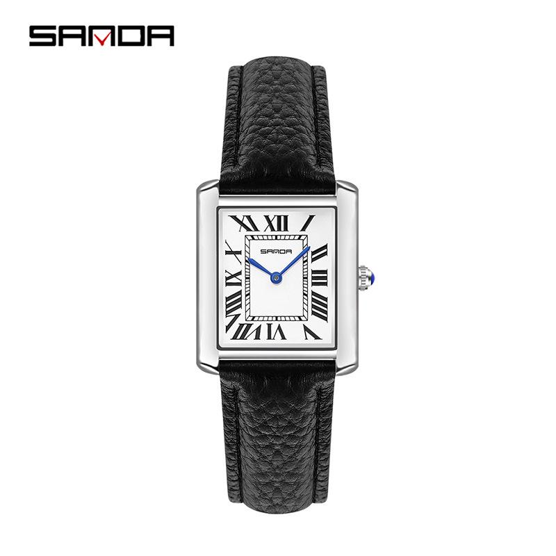 Montre à Quartz pour Femme Sanda, Petit Cadran, Chiffres Romains, Mode Étanche Rectangulaire, Design Couple.