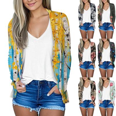 Cárdigan Top Holgado Casual Vintage para Mujer con Estampado Floral de Manga Larga