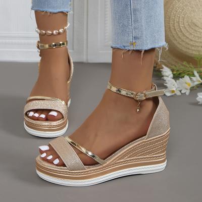 Large Size Wedge Heel Sandals Thick-soled Fish Mouth One-word Buckle with Rhinestone Bag and Muffin Women's Sandals