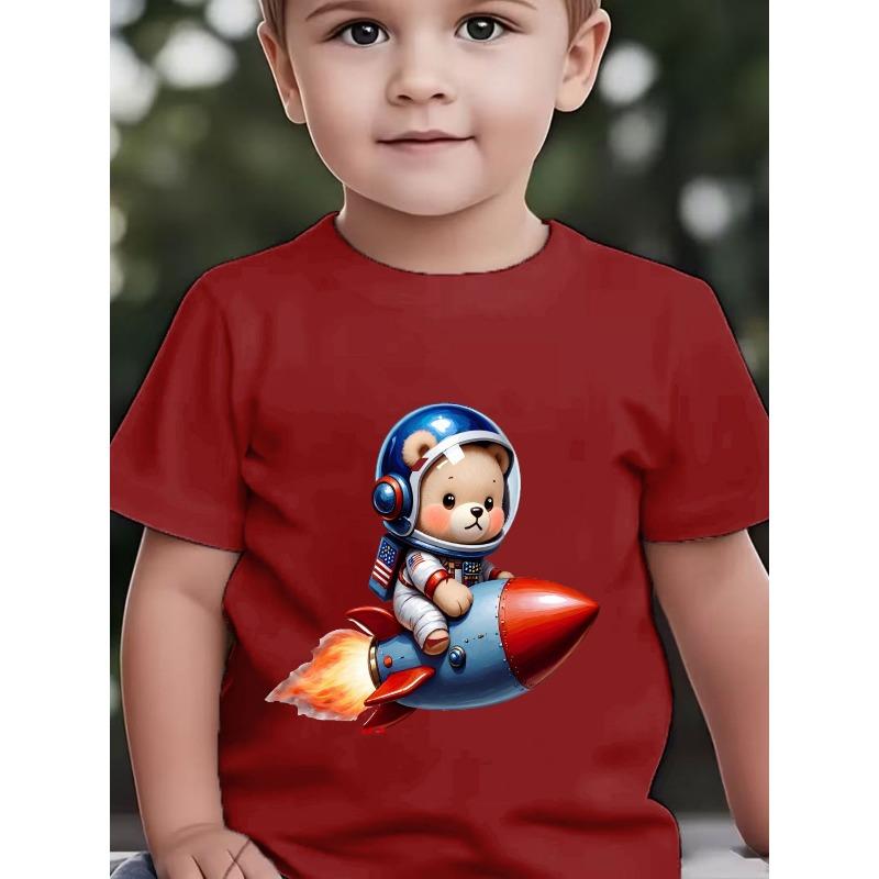 European Sizes Boys' Short-Sleeve Cartoon Astronaut Bear Rocket Launch Flame Pattern Cute and Adorable Summer Top