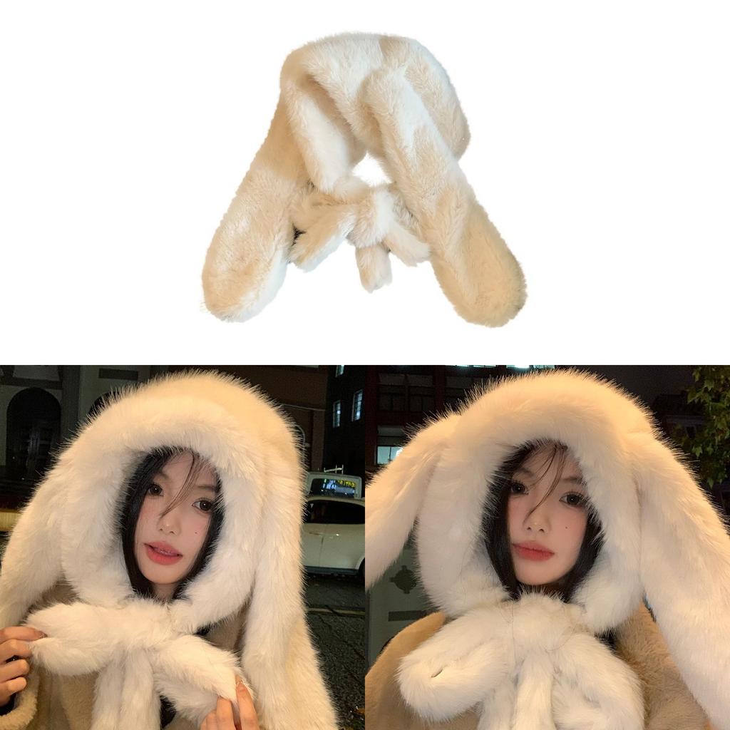 Plush Bunny Earmuff Hat With Scarf For Winter Warmth And Adjustable Fit