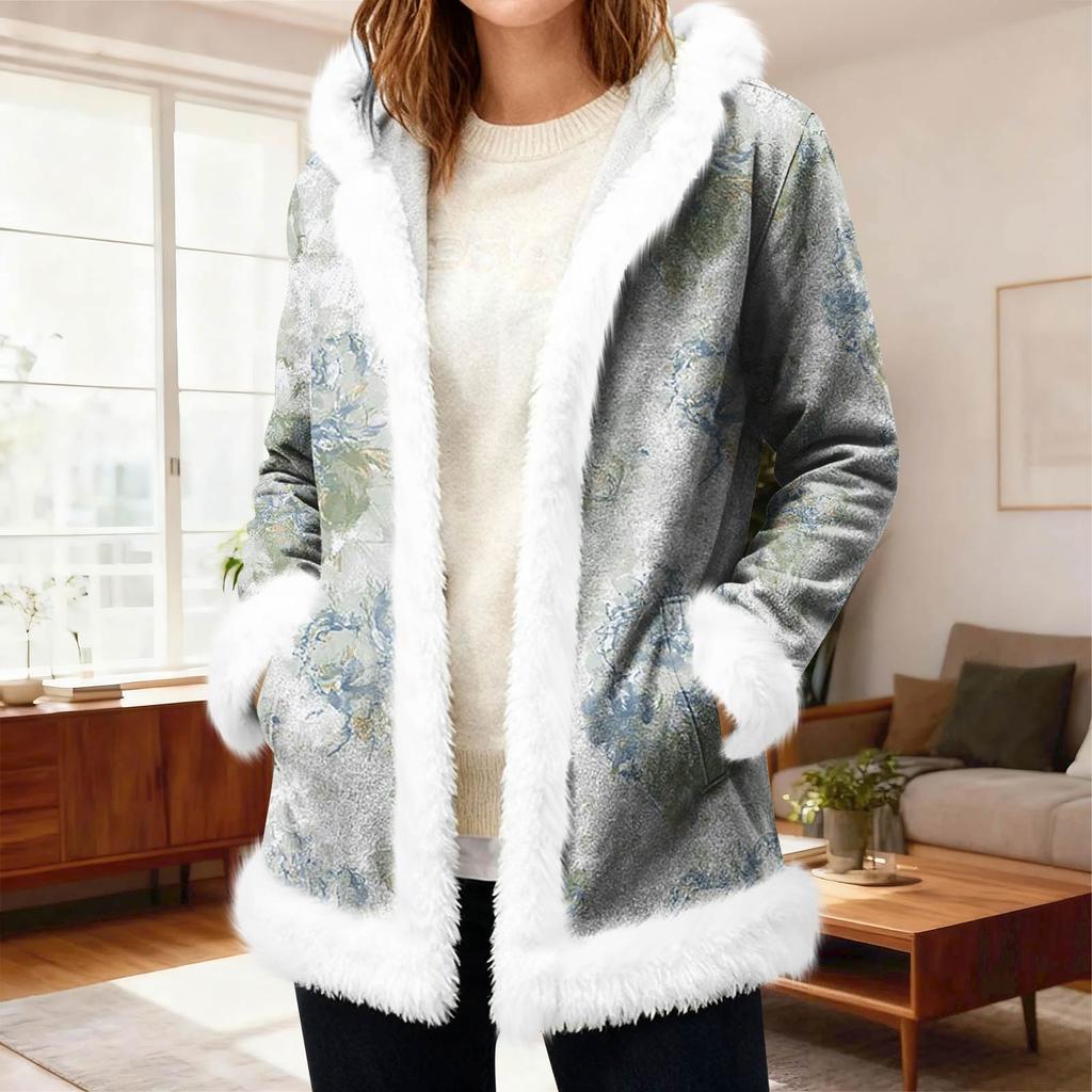 Lässiger Damen-Fleece-Kapuzen-Cardigan mit Taschen Warme Oberbekleidung