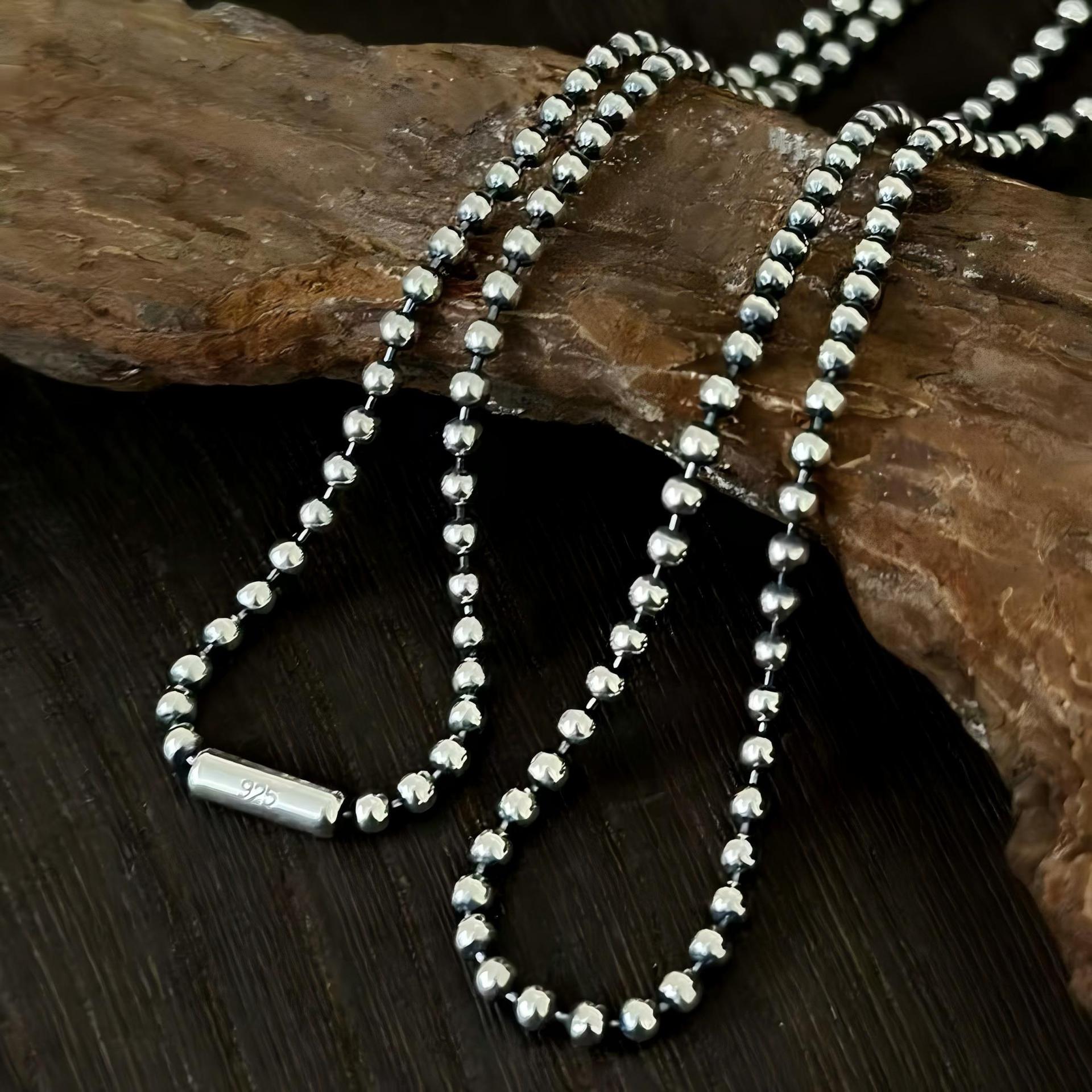 Минималистичное Винтажное Тайское Серебряное Круглое Бусины Ожерелье с Подвеской из Стерлингового Серебра S925 2.5mm x 45cm