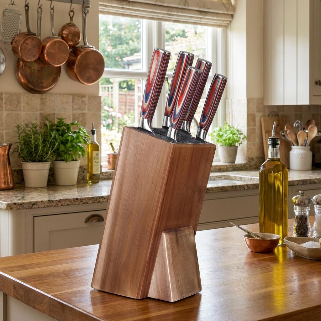 Acacia Wood Universal Knife Holder Kitchen Knife Holder Solid Wood Knife Block Storage Stand with Bristles for Kitchen Counter