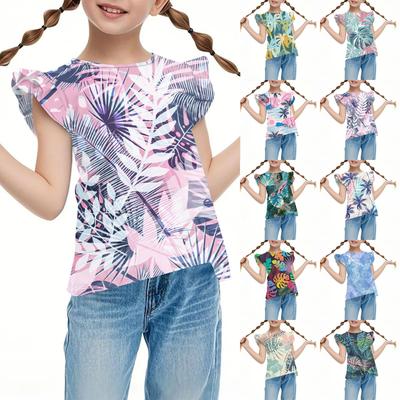 Children's Casual Short-Sleeved Pleated Cute Hawaiian Print Round-Neck Top