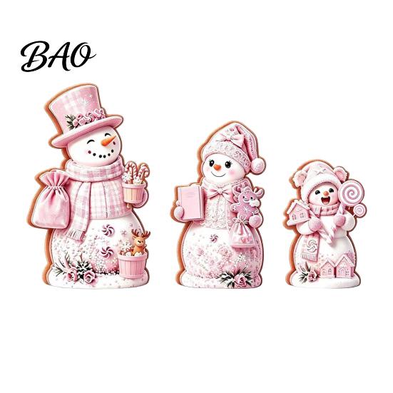 Christmas Gift for Kids 3PCS Snowman Wooden Ornaments, Decorative Cute Festive Figures, Pink And Purple Decor High-definition Printing Crafts Holiday