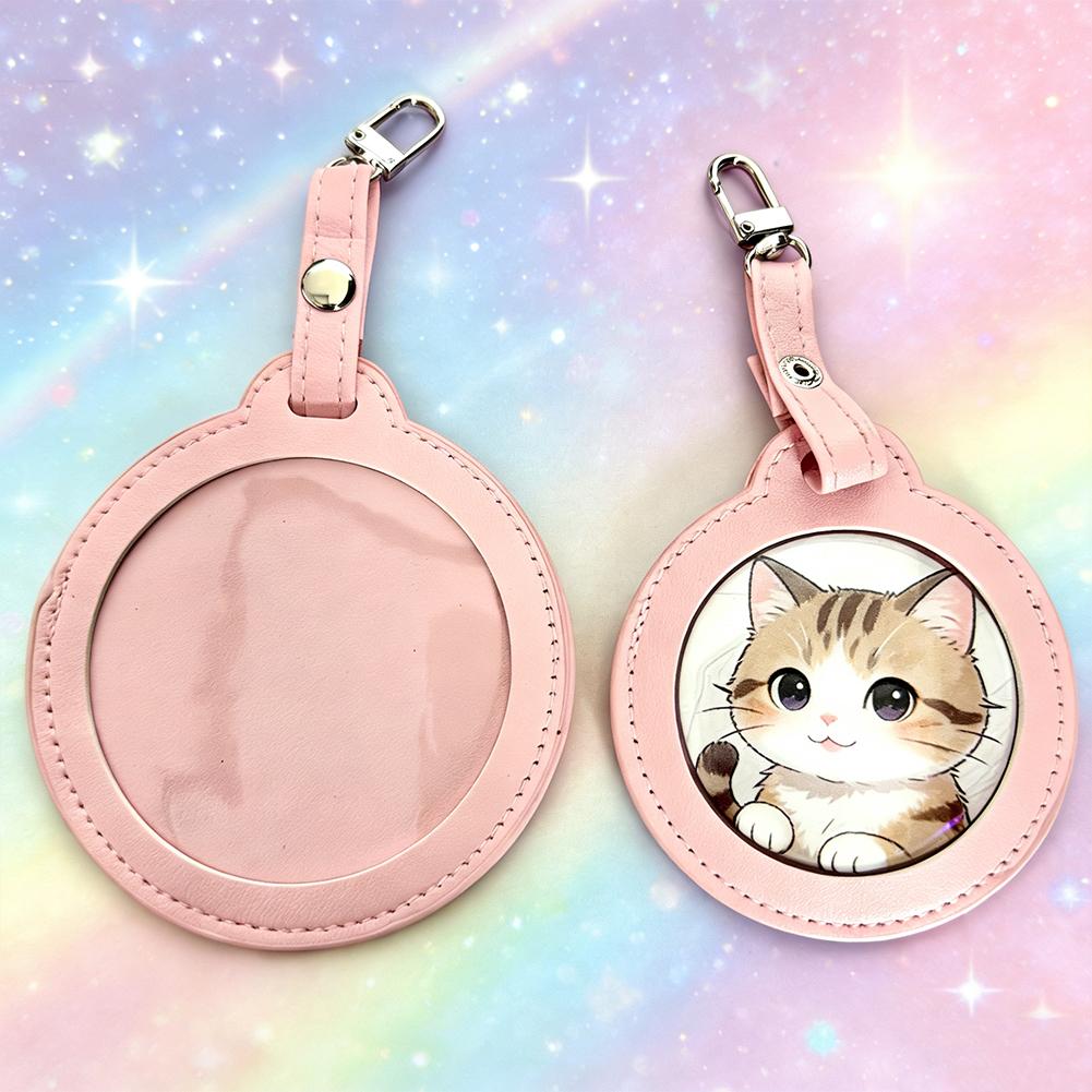 PU Leather Badge Holder Case Round Transparent Window Badge Protector Bag Hanging Decoration PVC Waterproof Badge Display Bag