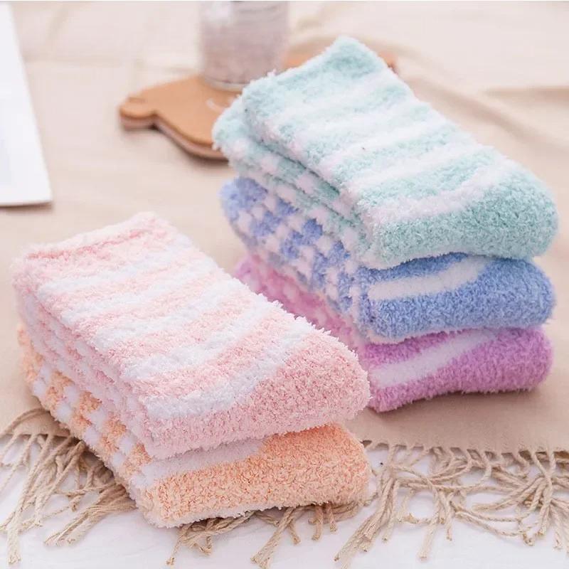 1 Pair Women's Autumn and Winter Striped Coral Fleece Sleep Socks Thickened Warm Mid-Calf Home Socks Simple Floor Socks