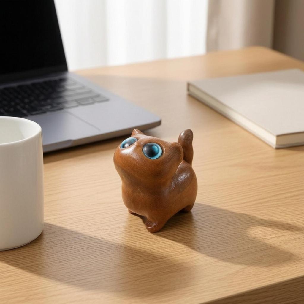 Wooden Cat Figurine Smooth Collectible Cute for Desk, Display