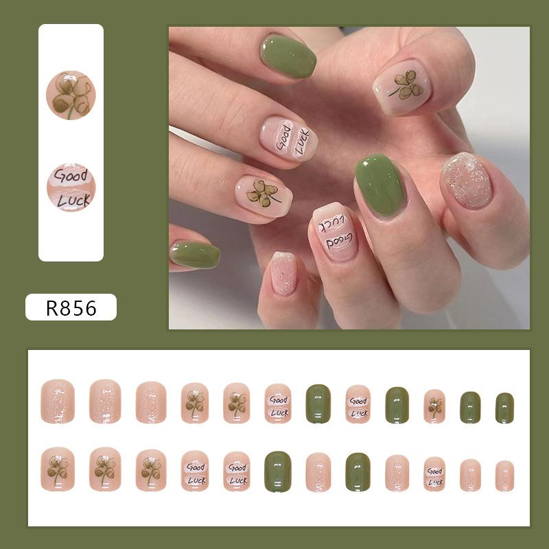 

Wearing nail pads Removable short square nail pads Spring and summer patches Small fresh green fake nail pads 24 pcs