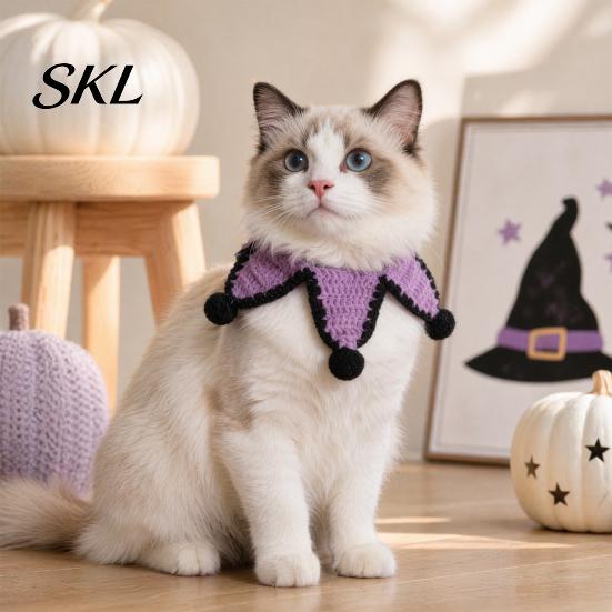 Soft Pet Bib Knitted Star Bib, Handmade Shape Cat Crochet Small Dog with Black Pom-poms for Cats Dogs Halloween Outfit Five-pointed
