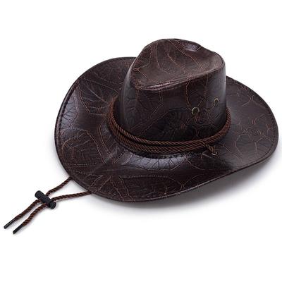 Western Cowboy Hat Genuine PU Leather Wide Brim Sun Protection Unisex Breathable Outdoor Riding Cap for Men Women Summer Hiking