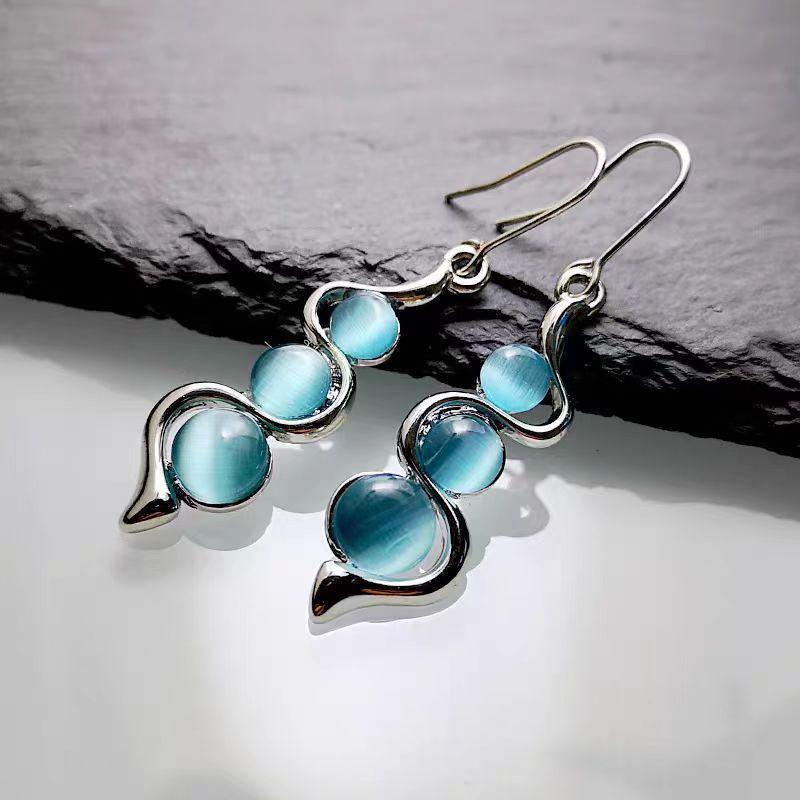 Blue Cat s Eye Wave Drop Earrings