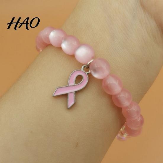 Inspirational Hope Engraved Jewelry Breast Cancer Awareness Bracelets for Women, Ribbon Women Charity Event Souvenir Charm Beaded Elastic Bracelet,