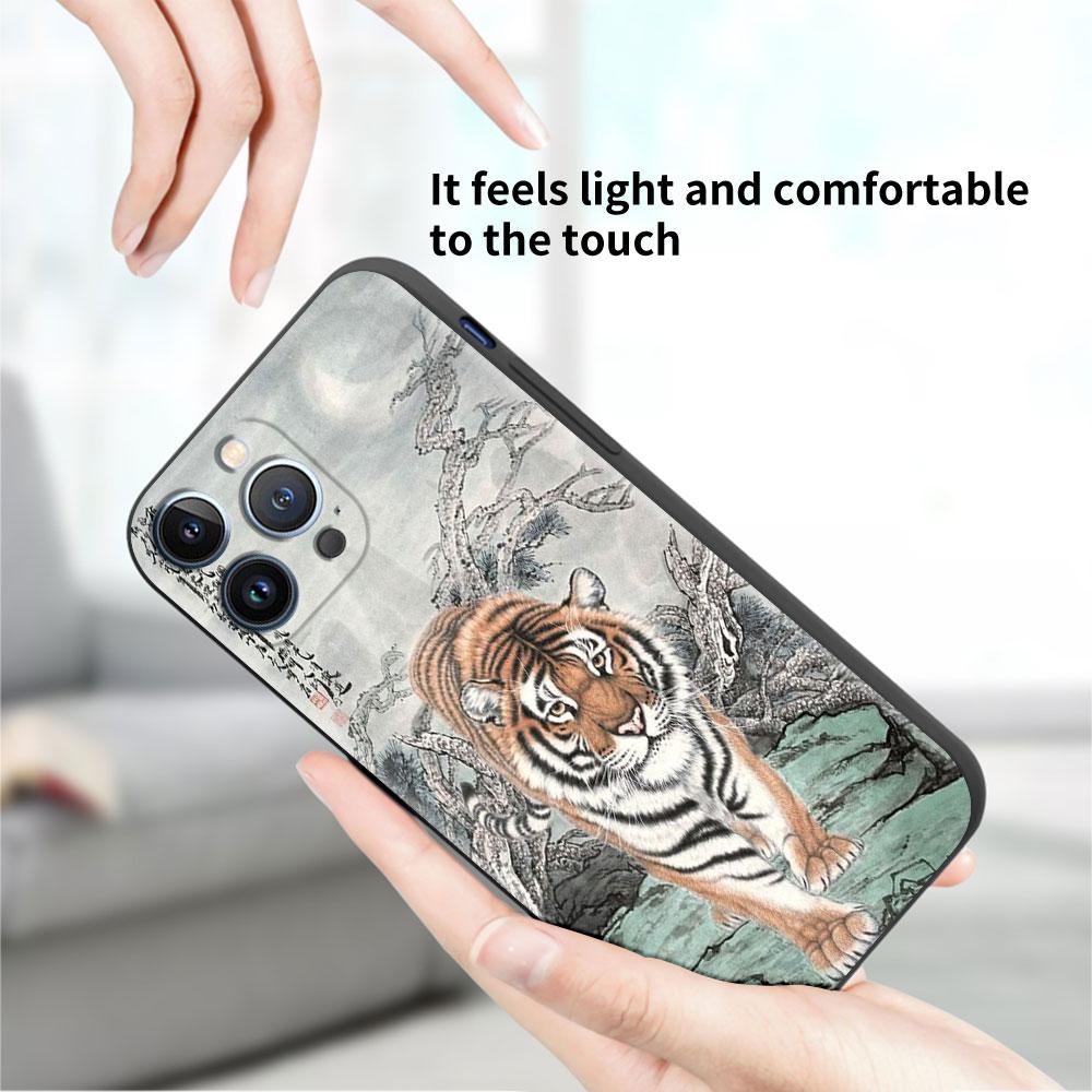 Funda Case For Apple iPhone 14 11 13 7 12 Pro 7 XR XS Max 8 Plus 6 14Pro 13Mini Black Soft Phone Coque Tiger Crane ART