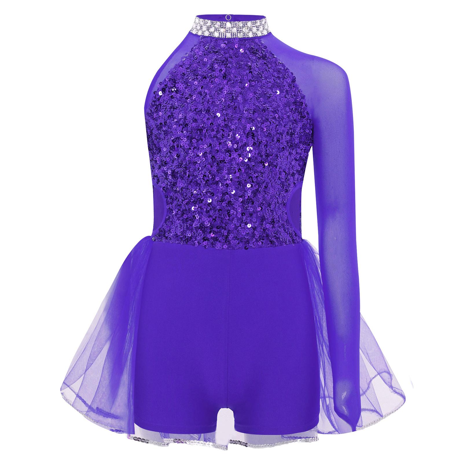 Mädchen Tanzkostüm Glänzendes Pailletten-Oberteil Tüllrock-Leotard Schlüsselloch-Ausschnitt am Rücken Ausgeschnittene Taille Asymmetrischer Jumpsuit 13-14 Years violett