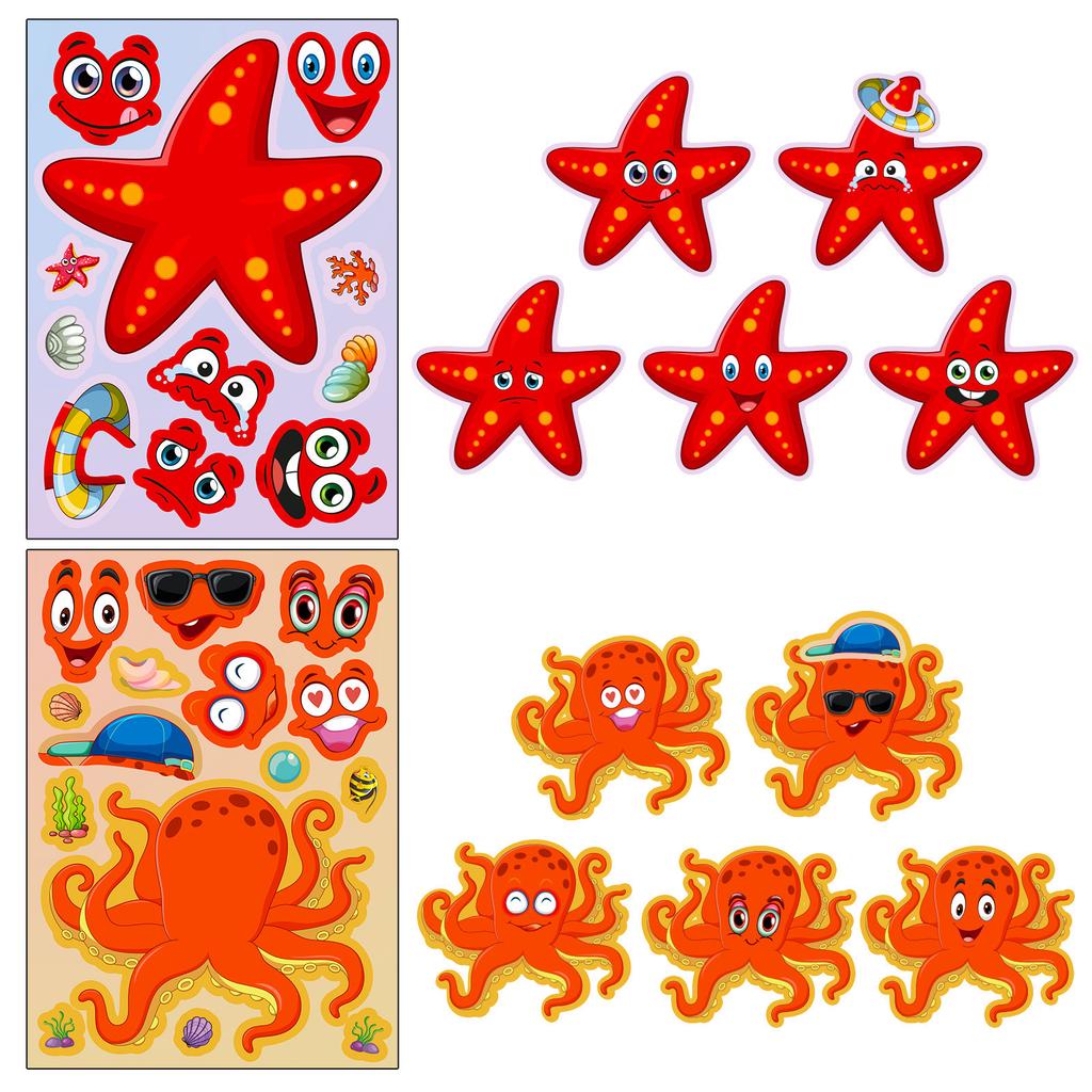 6 Photos/pack of Marine Creatures Cartoon Face Change Stickers Children Toys Elementary School Students Cartoon Cute DIY Puzzles