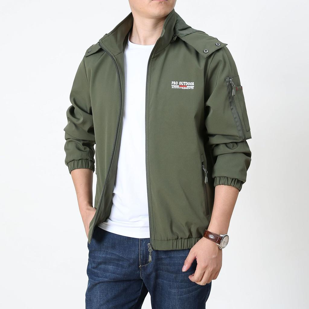 Four Seasons Men's Middle-aged and Young Outdoor Sports Jacket Hooded Windproof Loose Japanese and Korean Casual Multi-Bag Jacket