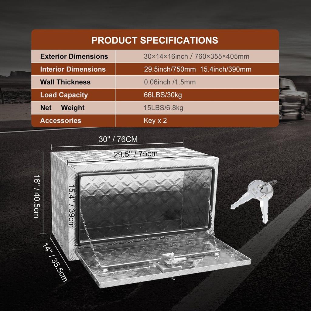Underbody Truck Box, 30"×14"×16" Pickup Storage Box, Heavy Duty Aluminum Diamond Plate Tool Box with Lock and Keys, Waterproof Trailer Storage Box