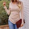 Women's Autumn and Winter Models Long-sleeved Irregular Slim V-neck Solid Colour Knitted T-shirt
