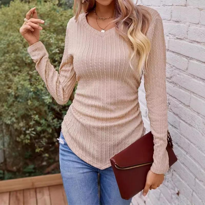 Women's Autumn and Winter Models Long-sleeved Irregular Slim V-neck Solid Colour Knitted T-shirt