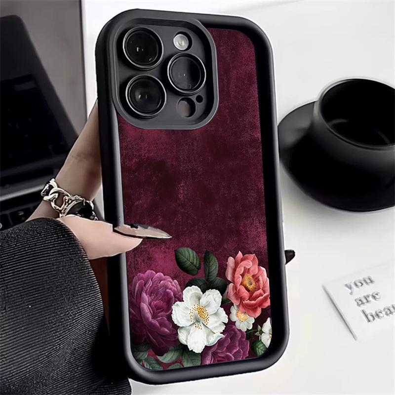 Wine Red Flower Print Silicone Soft Phone Case For Xiaomi Redmi Note 14 13 12 11 Pro Plus 4G 5G 12S 11S Redmi 15C 14C 13 Cover