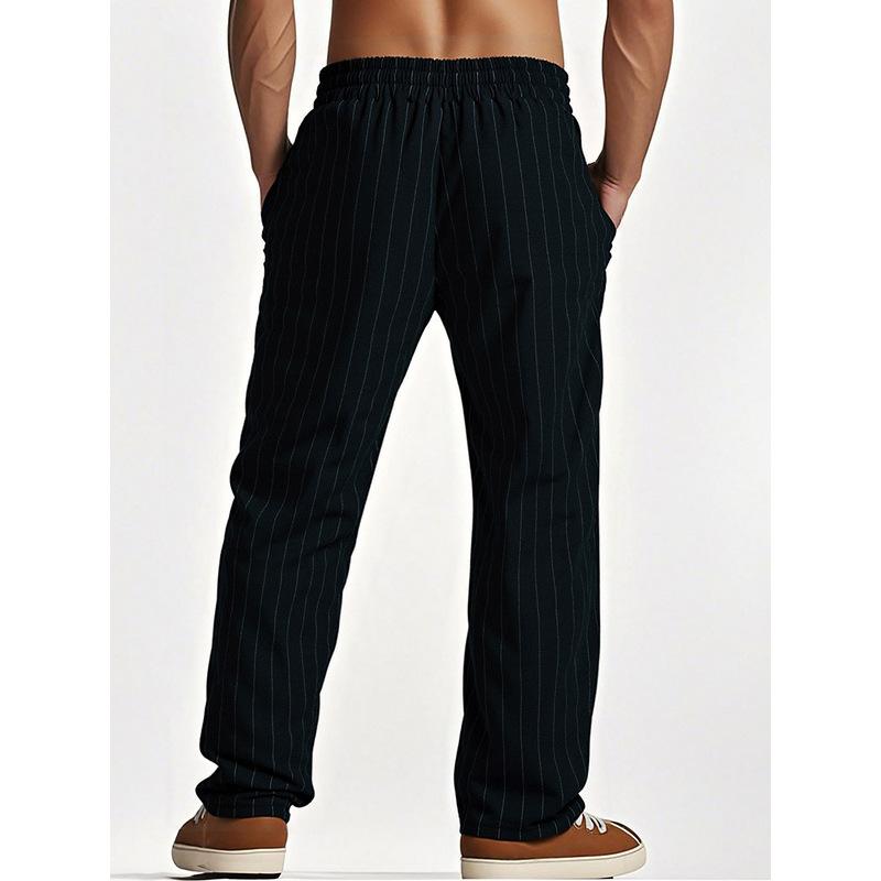 2026 Men's Linen Summer Pants Beach Pants Drawstring Vertical Stripes Straight Casual Breathable Comfortable Long Trousers