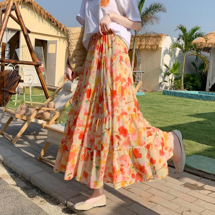 Feiyuan Bohemian Pastoral Chiffon Midi Skirt, One Size, A-line Swing Design for Vacation Style